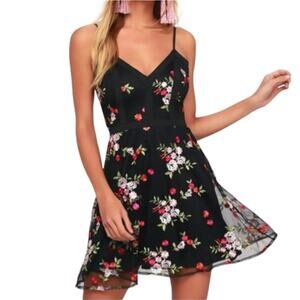 Lulus Womens Favorite Fleur Black Mesh Embroidered Skater Dress Size S